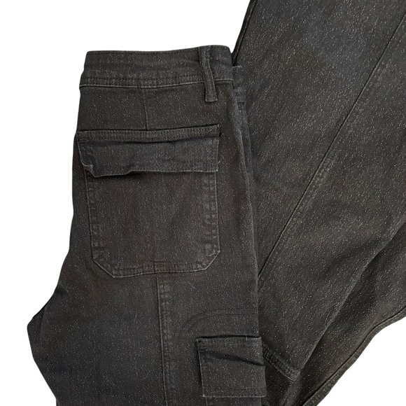 Forever 21 Juniors Black Glitter Cargo High Rise Flare Leg Jean 29X32” Stretch - Picture 4 of 8